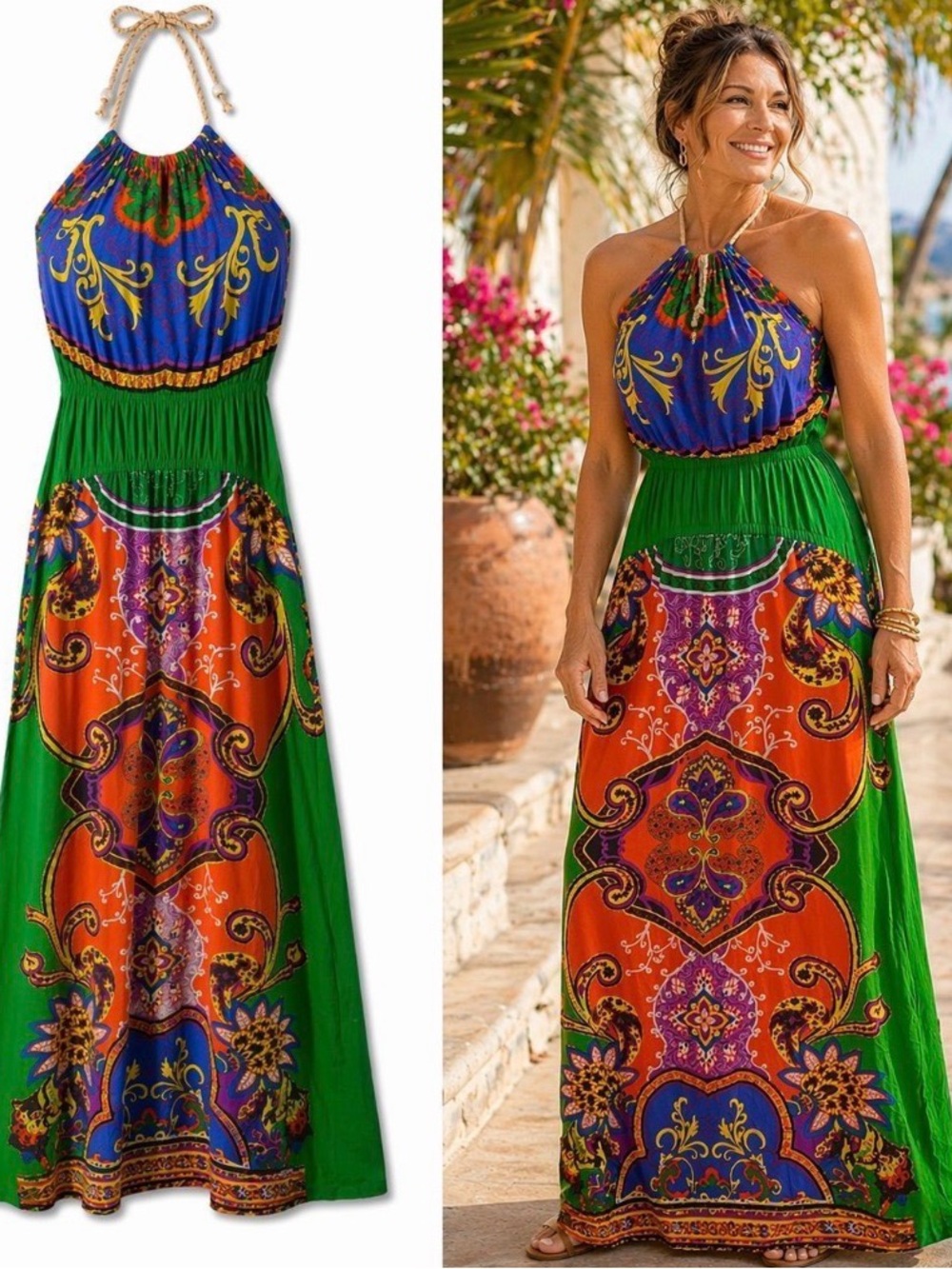 Flying Tomato Multicolor Halter Maxi Dress in Blue, Green & Orange
